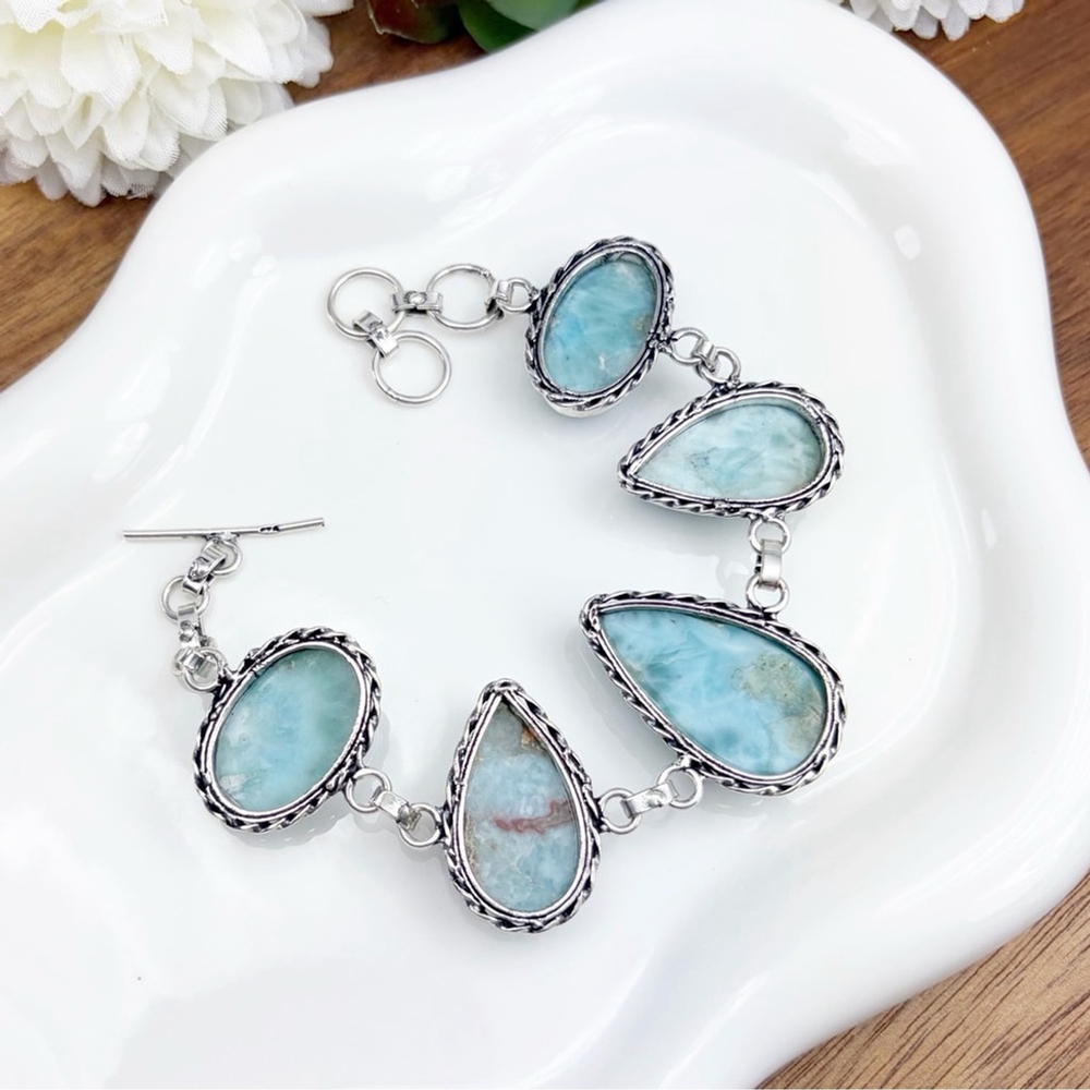 Blue Larimar Chunky Gemstone Bracelet Oval Pear New 925 Overlay - Picture 7 of 8